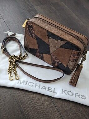 Michael Kors Patchwork Leather Suede Python Camera Crossbody W/ Tassel + Dusty